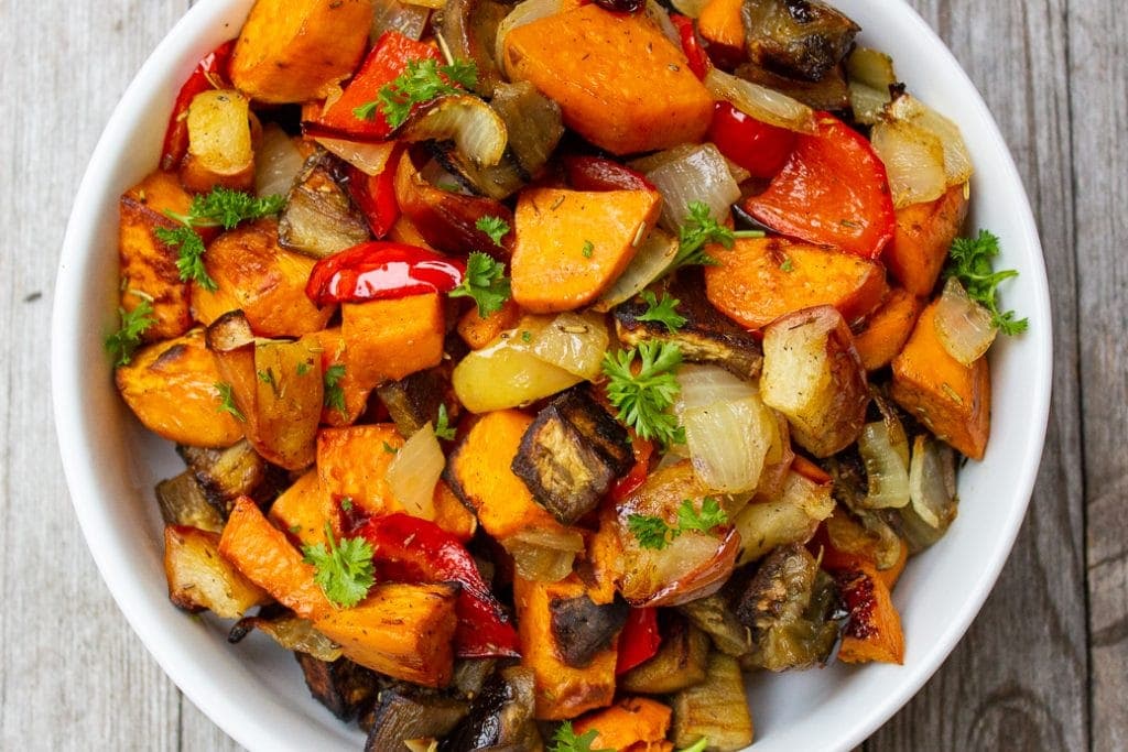 Roasted Sweet Potatoes, Peppers, Eggplant and Apples