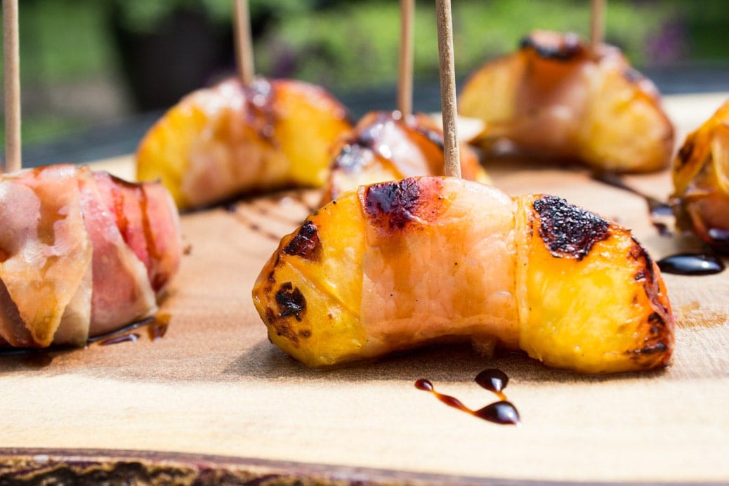 Grilled Peach and Prosciutto Appetizers. Just 3 ingredients for these juicy sweet salty apps.